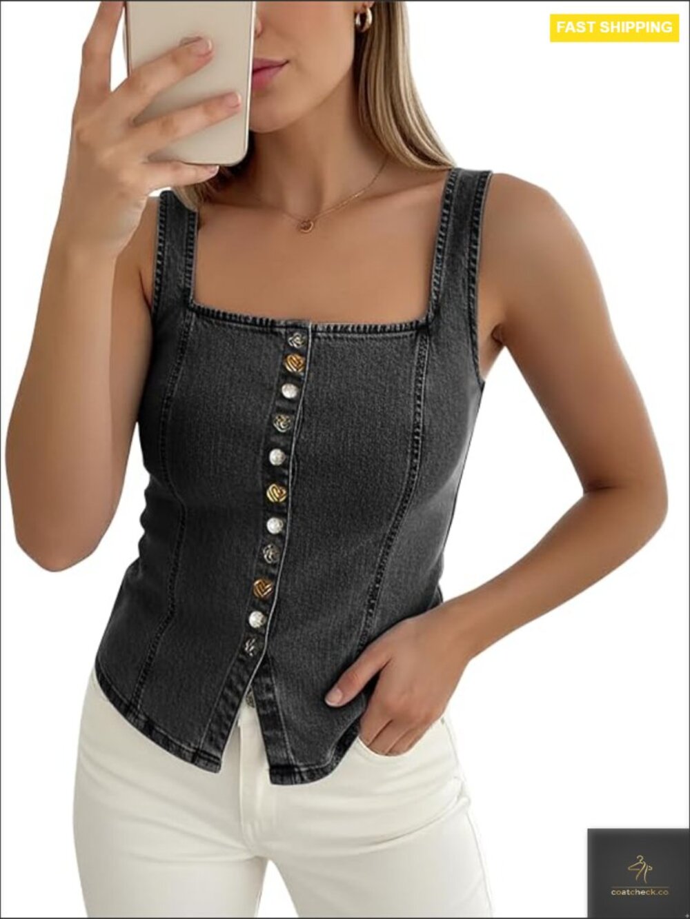 Denim Vest Tops for Women Jean Western Backless Square Neck Faux Button Placket